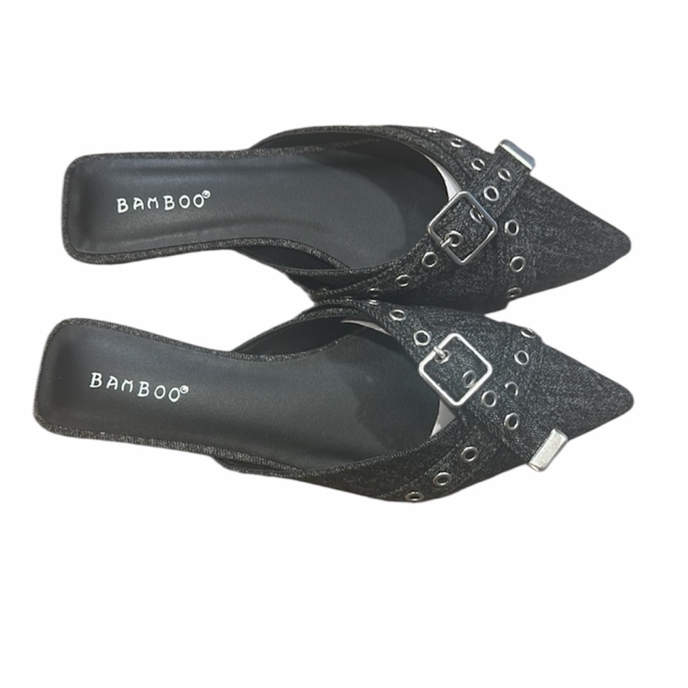 Bamboo Buckle Mule Size 6 Black Denim Slip On Flats Pointed Toe New With Box - Picture 6 of 11